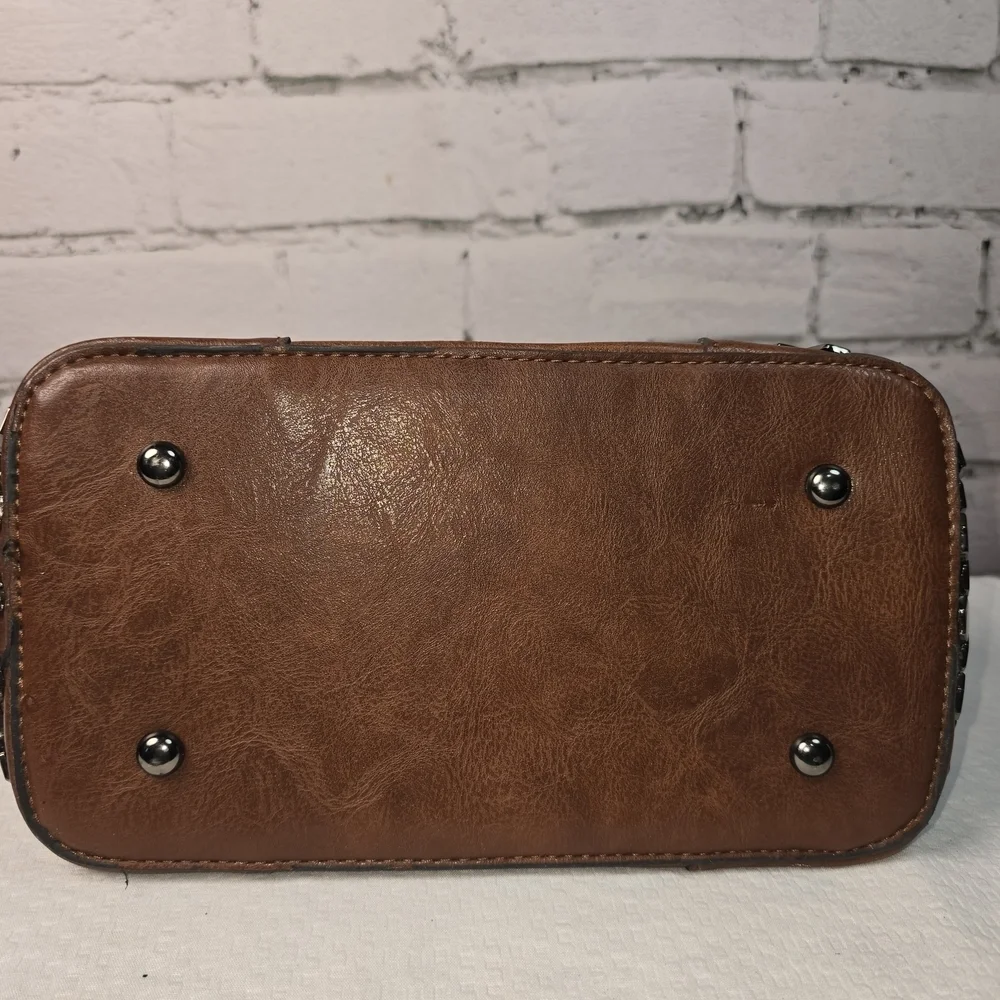 H SAMS VINTAGE BROWN SATCHEL PURSE HANDBAG LEATHER HONEYCOMB METAL DETAIL